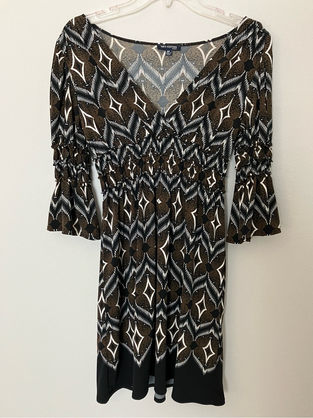 Max Edition Petite MP Brown Geometric Print Smocked Bell Sleeve Dress